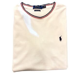 Y2K Polo Ralph Lauren white t-shirt, red blue striped collar,Rise: Men's Size XL